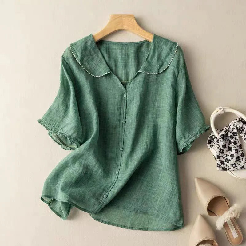 Amelia | Elegant Linen Short Sleeve Blouse